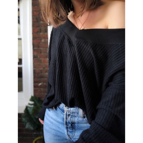 Last 1✨Mila Black Waffle Knit off the Shoulder Top - Picture 4 of 8